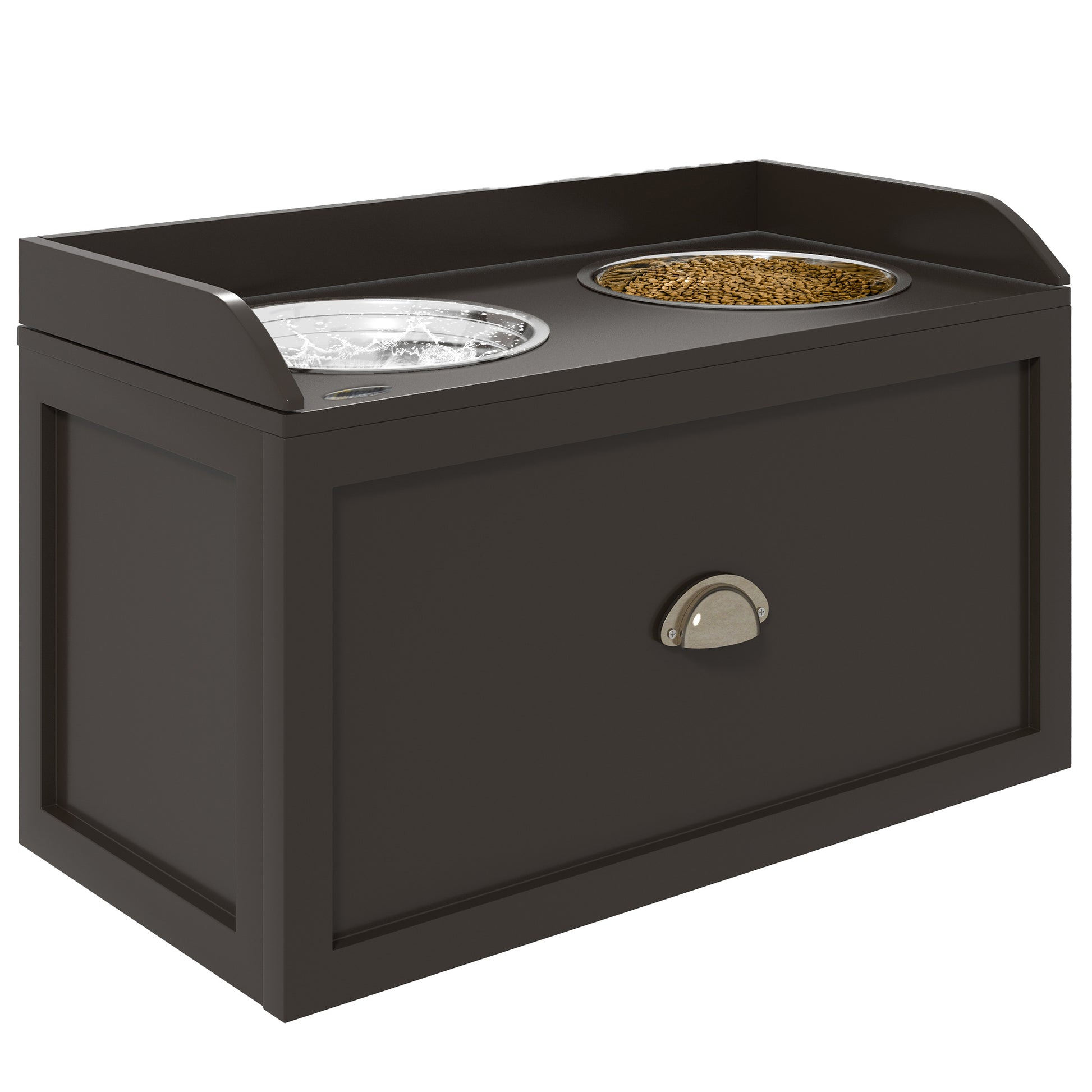 Dog Bowl, 2 x 2L Feeding Bowl, Elevated Food Bowl with Drawer, Stainless Steel Bowl, Feeding Station for Large Dogs, Coffee