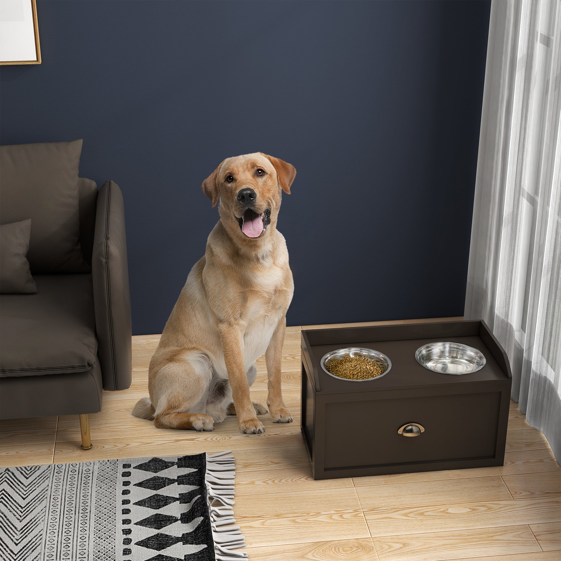 Dog Bowl, 2 x 2L Feeding Bowl, Elevated Food Bowl with Drawer, Stainless Steel Bowl, Feeding Station for Large Dogs, Coffee