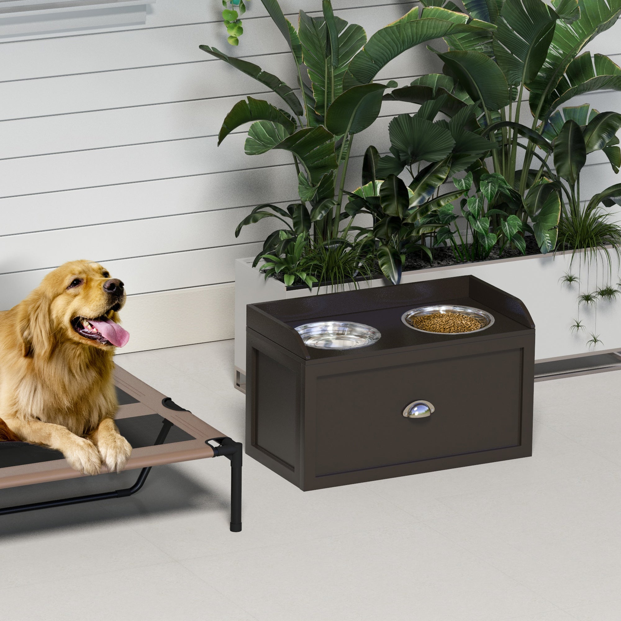 Dog Bowl, 2 x 2L Feeding Bowl, Elevated Food Bowl with Drawer, Stainless Steel Bowl, Feeding Station for Large Dogs, Coffee