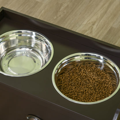 Dog Bowl, 2 x 2L Feeding Bowl, Elevated Food Bowl with Drawer, Stainless Steel Bowl, Feeding Station for Large Dogs, Coffee