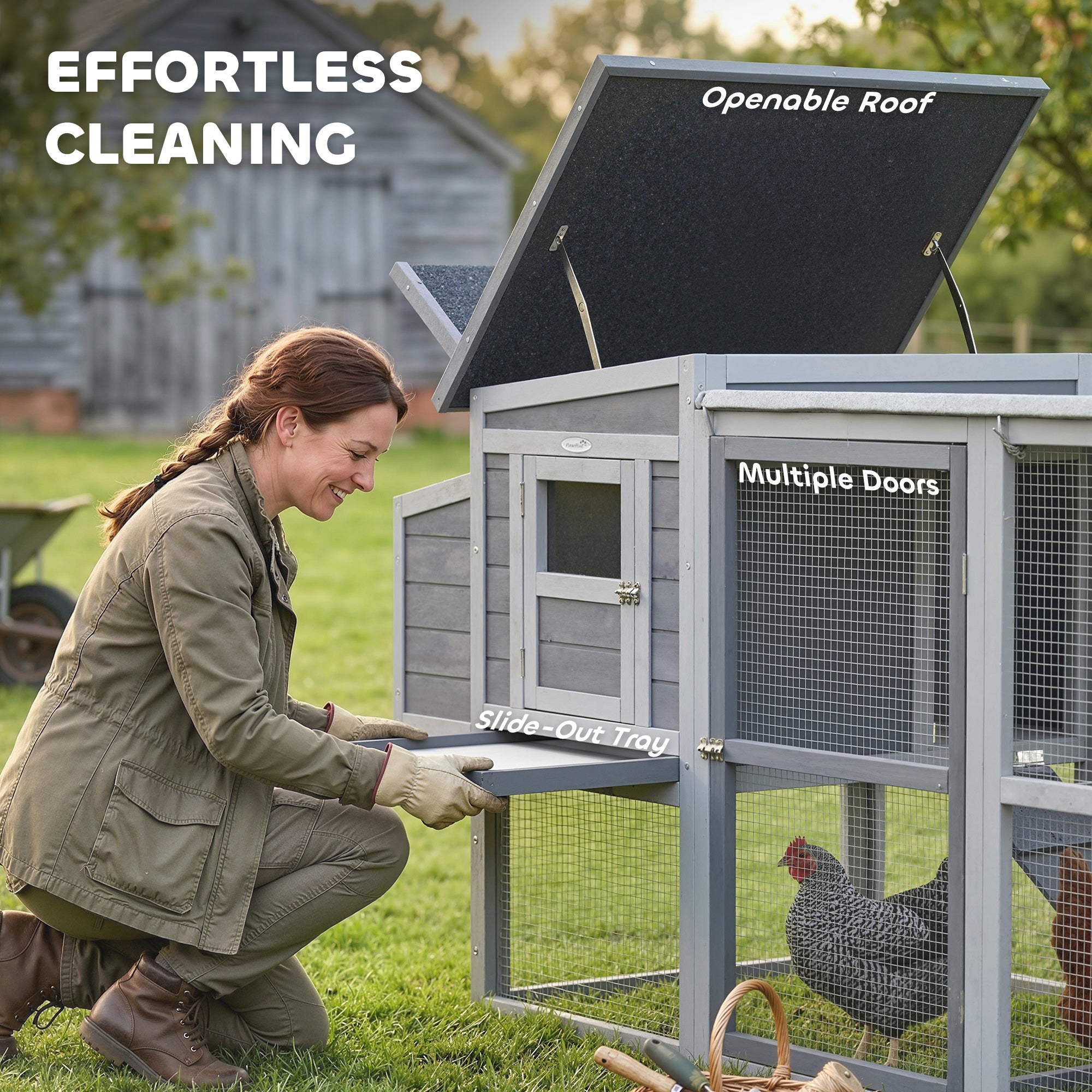 Wooden Chicken Coop with Run for 3–4 Hens, 104 x 32 x 35 in (264 x 82 x 89 cm) — Asphalt Roof, Oxford Cover, Nest Box, Perches, Pull-Out Tray — Gray