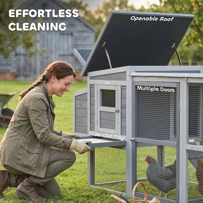 Wooden Chicken Coop with Run for 3–4 Hens, 104 x 32 x 35 in (264 x 82 x 89 cm) — Asphalt Roof, Oxford Cover, Nest Box, Perches, Pull-Out Tray — Gray