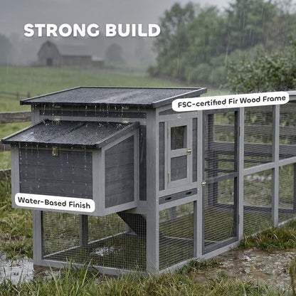 Wooden Chicken Coop with Run for 3–4 Hens, 104 x 32 x 35 in (264 x 82 x 89 cm) — Asphalt Roof, Oxford Cover, Nest Box, Perches, Pull-Out Tray — Gray