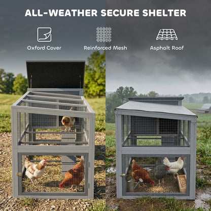 Wooden Chicken Coop with Run for 3–4 Hens, 104 x 32 x 35 in (264 x 82 x 89 cm) — Asphalt Roof, Oxford Cover, Nest Box, Perches, Pull-Out Tray — Gray