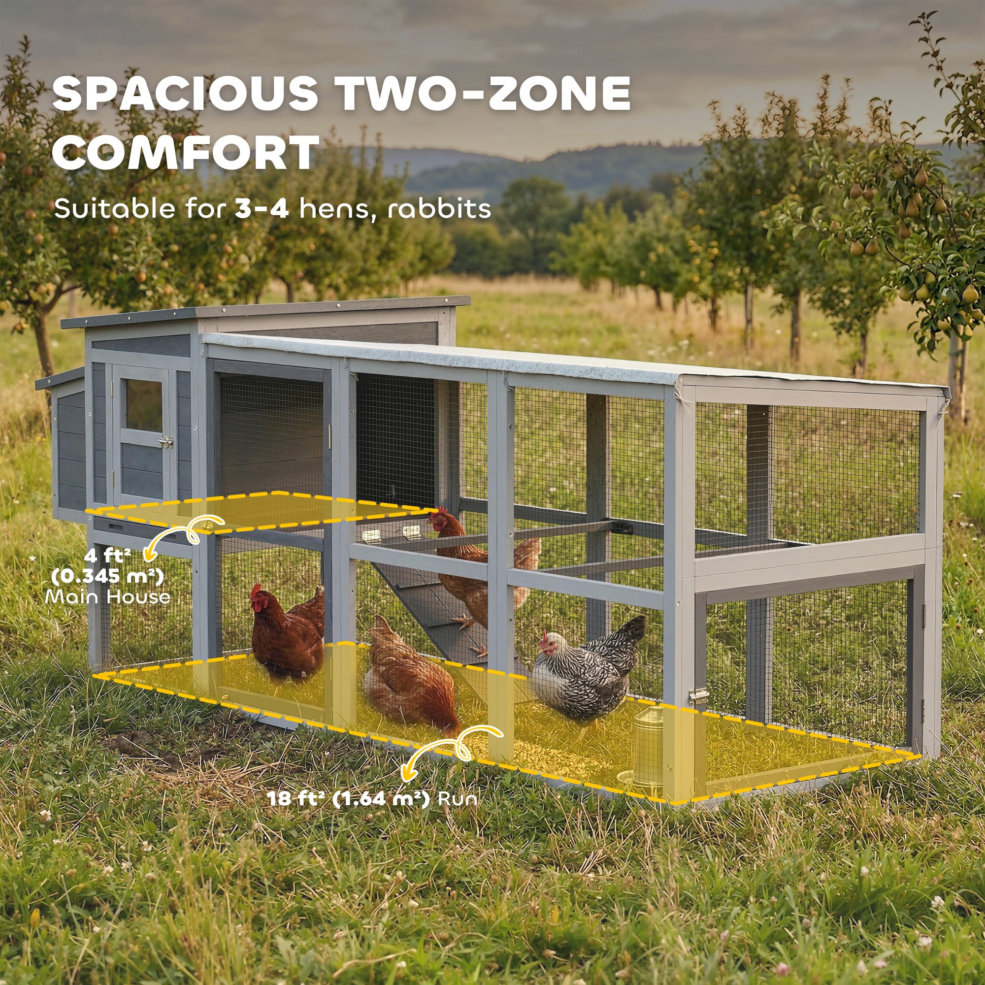 Wooden Chicken Coop with Run for 3–4 Hens, 104 x 32 x 35 in (264 x 82 x 89 cm) — Asphalt Roof, Oxford Cover, Nest Box, Perches, Pull-Out Tray — Gray