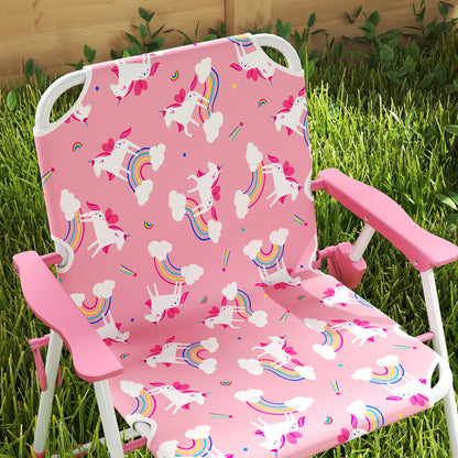 4-Piece Kids Garden Table & Chairs Set — Folding Chairs, Removable Umbrella, Unicorn & Rainbow, Pink