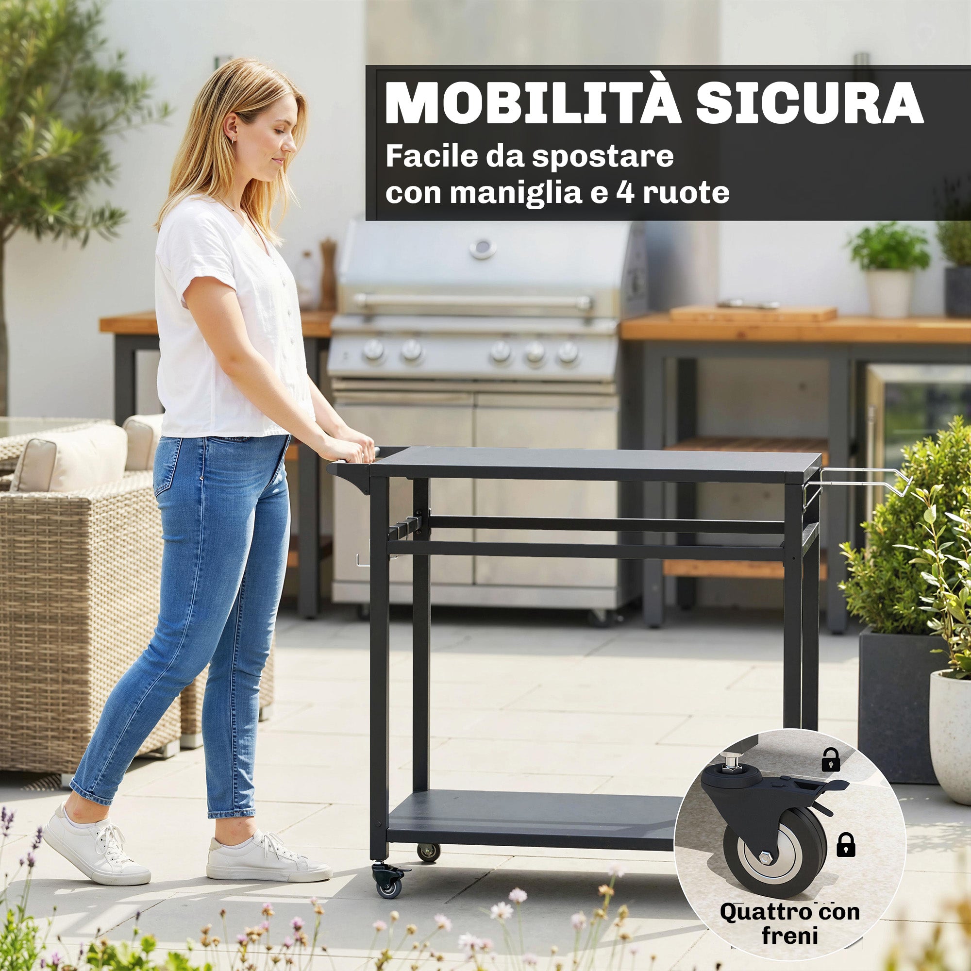 Outdoor BBQ Cart with 2 Metal Shelves, Outdoor Kitchen Table with Wheels, Handle, Trash Bag Holder & Hooks, 113 x 50.5 x 88 cm (44.5 x 19.9 x 34.6 in), Black