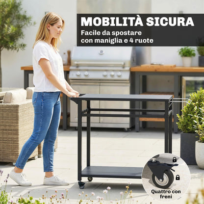 Outdoor BBQ Cart with 2 Metal Shelves, Outdoor Kitchen Table with Wheels, Handle, Trash Bag Holder & Hooks, 113 x 50.5 x 88 cm (44.5 x 19.9 x 34.6 in), Black