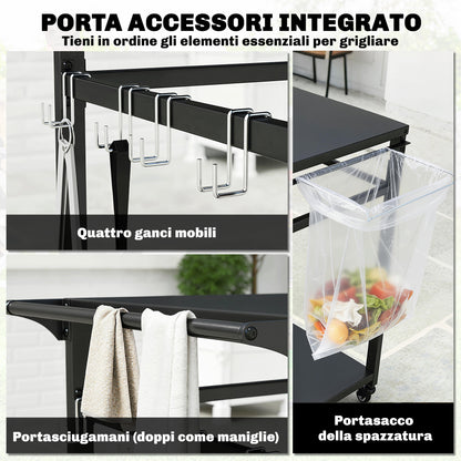 Outdoor BBQ Cart with 2 Metal Shelves, Outdoor Kitchen Table with Wheels, Handle, Trash Bag Holder & Hooks, 113 x 50.5 x 88 cm (44.5 x 19.9 x 34.6 in), Black