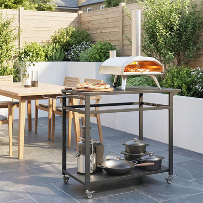 Outdoor BBQ Cart with 2 Metal Shelves, Outdoor Kitchen Table with Wheels, Handle, Trash Bag Holder & Hooks, 113 x 50.5 x 88 cm (44.5 x 19.9 x 34.6 in), Black