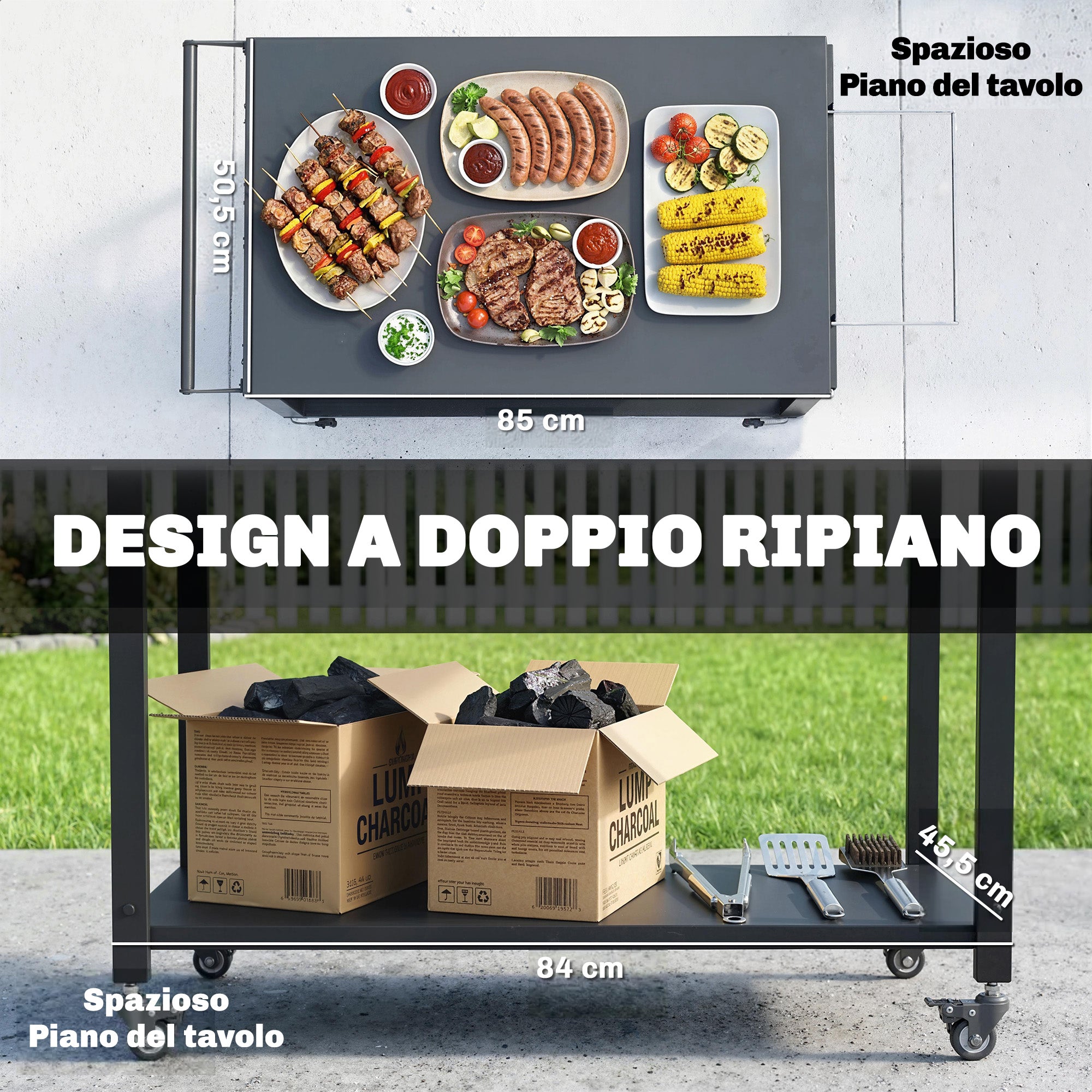 Outdoor BBQ Cart with 2 Metal Shelves, Outdoor Kitchen Table with Wheels, Handle, Trash Bag Holder & Hooks, 113 x 50.5 x 88 cm (44.5 x 19.9 x 34.6 in), Black