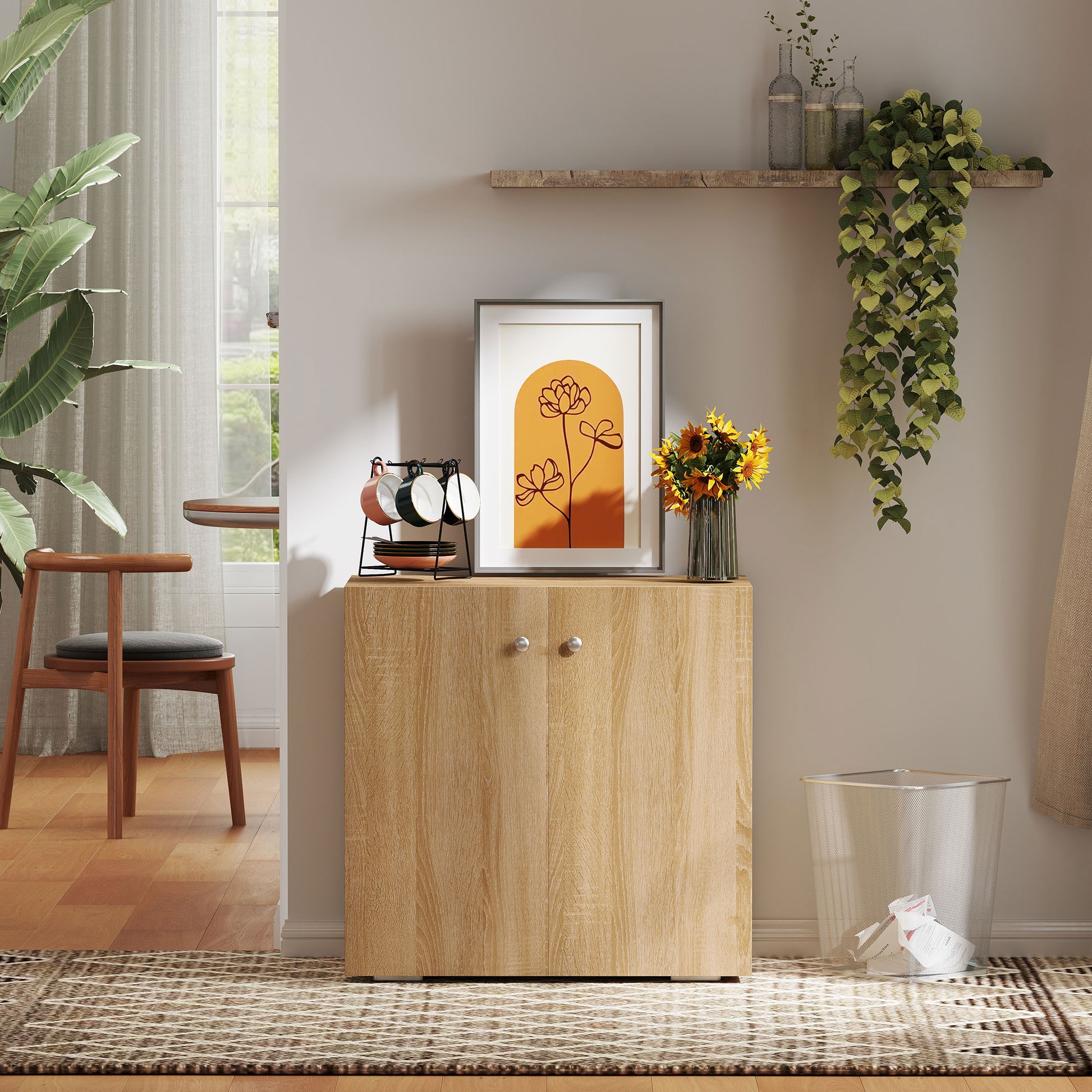 Living Room Sideboard with 2 Doors Storage Cabinet with 2 Shelves for Books Clothes Toys Modern Style 70x39x70 cm Natural Wood