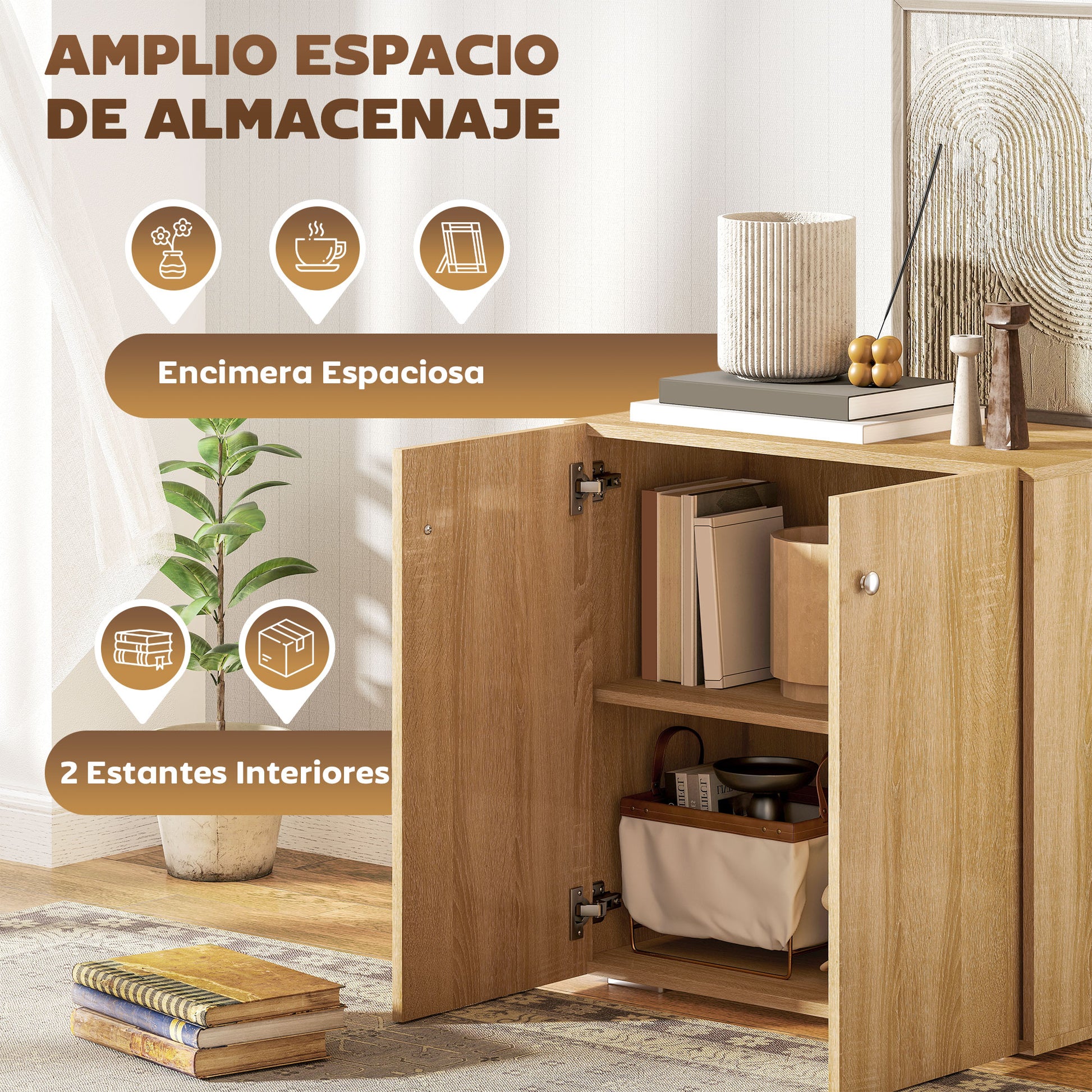 Living Room Sideboard with 2 Doors Storage Cabinet with 2 Shelves for Books Clothes Toys Modern Style 70x39x70 cm Natural Wood