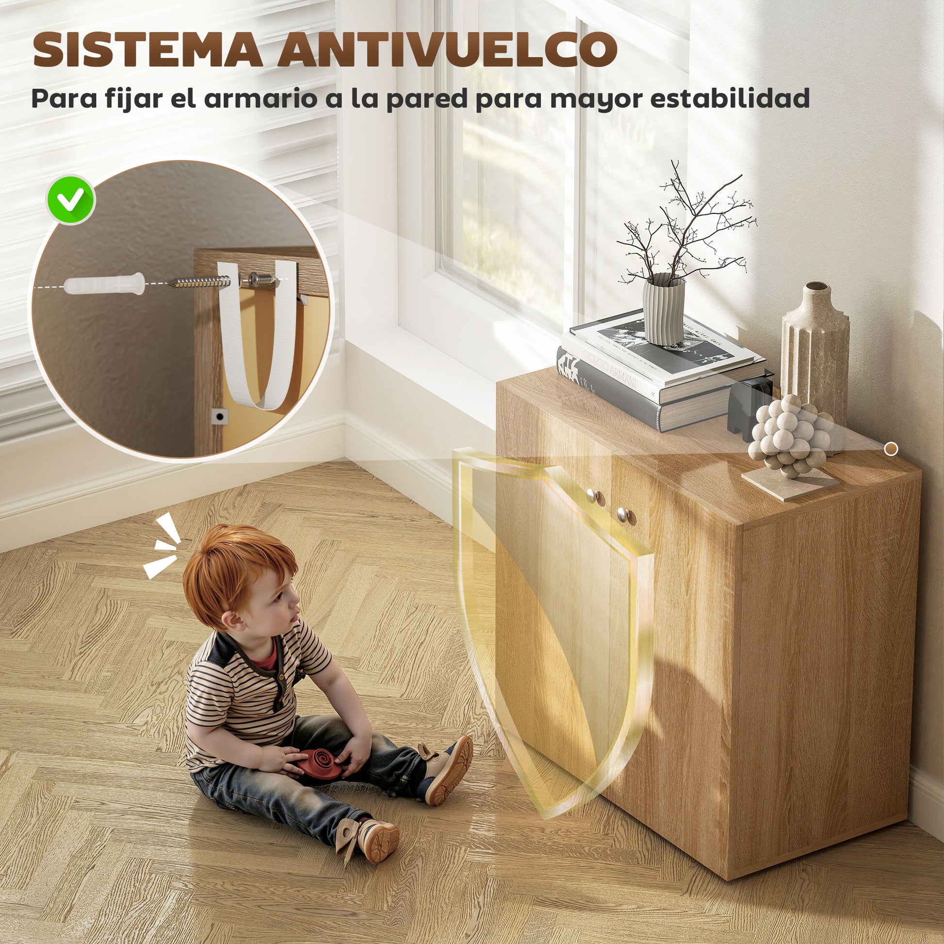 Living Room Sideboard with 2 Doors Storage Cabinet with 2 Shelves for Books Clothes Toys Modern Style 70x39x70 cm Natural Wood