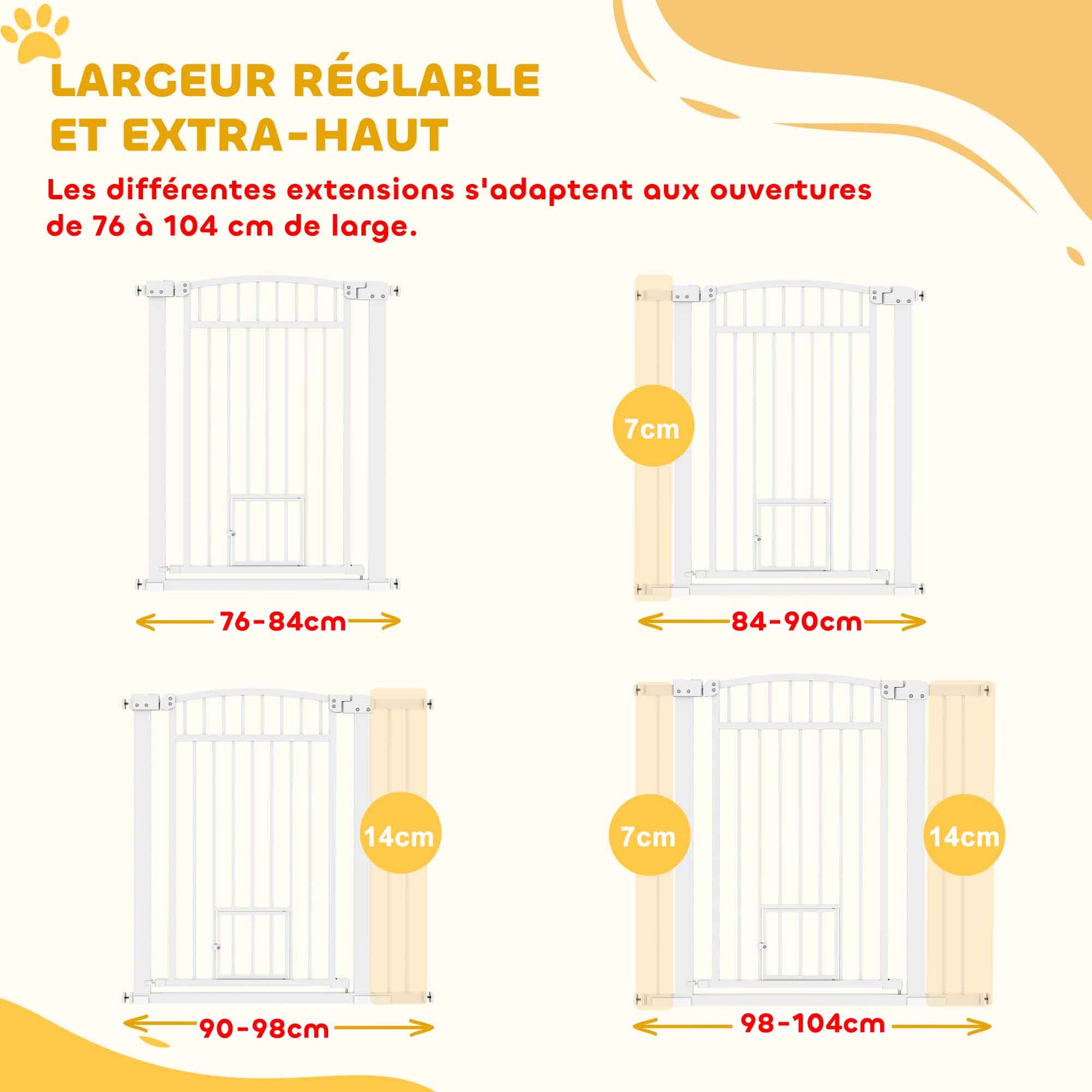 Extendable Dog Safety Barrier 76-104 x 95 cm, stair and door barrier with double locking system, pressure or drill mounting, dog and cat barrier, white