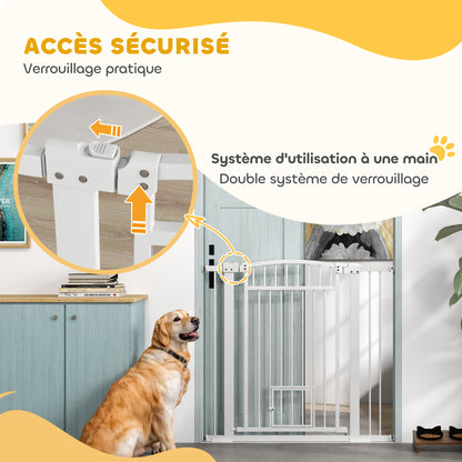 Extendable Dog Safety Barrier 76-104 x 95 cm, stair and door barrier with double locking system, pressure or drill mounting, dog and cat barrier, white