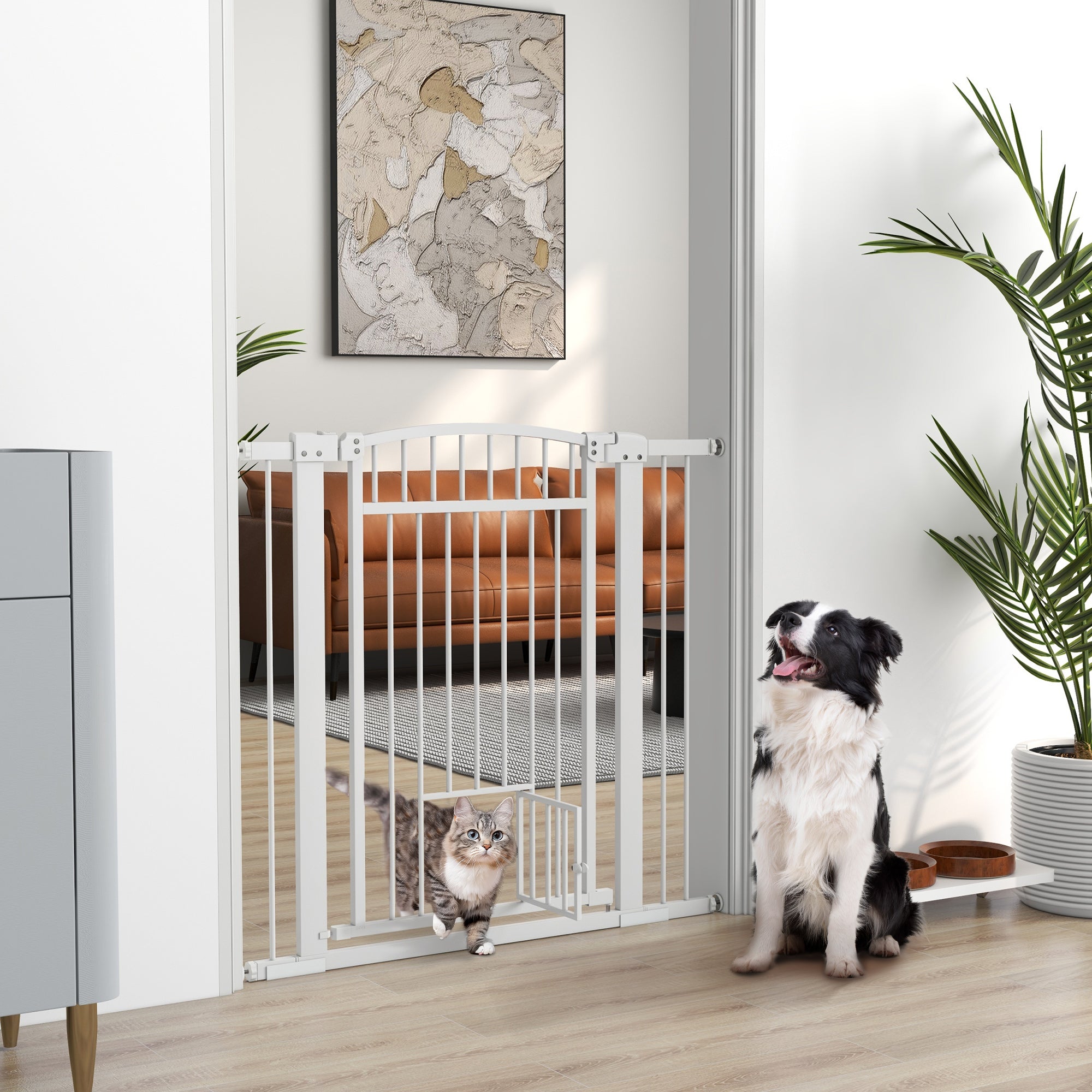 Extendable Dog Safety Barrier 76-104 x 95 cm, stair and door barrier with double locking system, pressure or drill mounting, dog and cat barrier, white