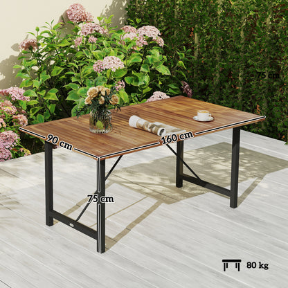 Acacia and Steel Garden Table, Rectangular Outdoor Table with Slat Top, Balcony Table for Patio, Terrace, Yard, and Outdoor, 160x90x75 cm, Teak
