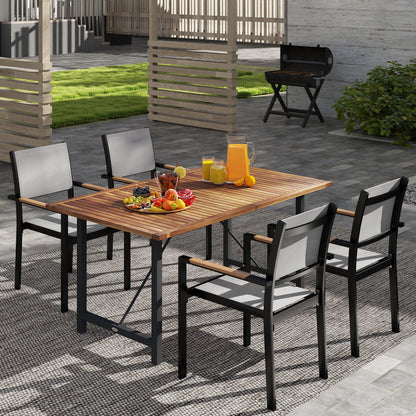 Acacia and Steel Garden Table, Rectangular Outdoor Table with Slat Top, Balcony Table for Patio, Terrace, Yard, and Outdoor, 160x90x75 cm, Teak