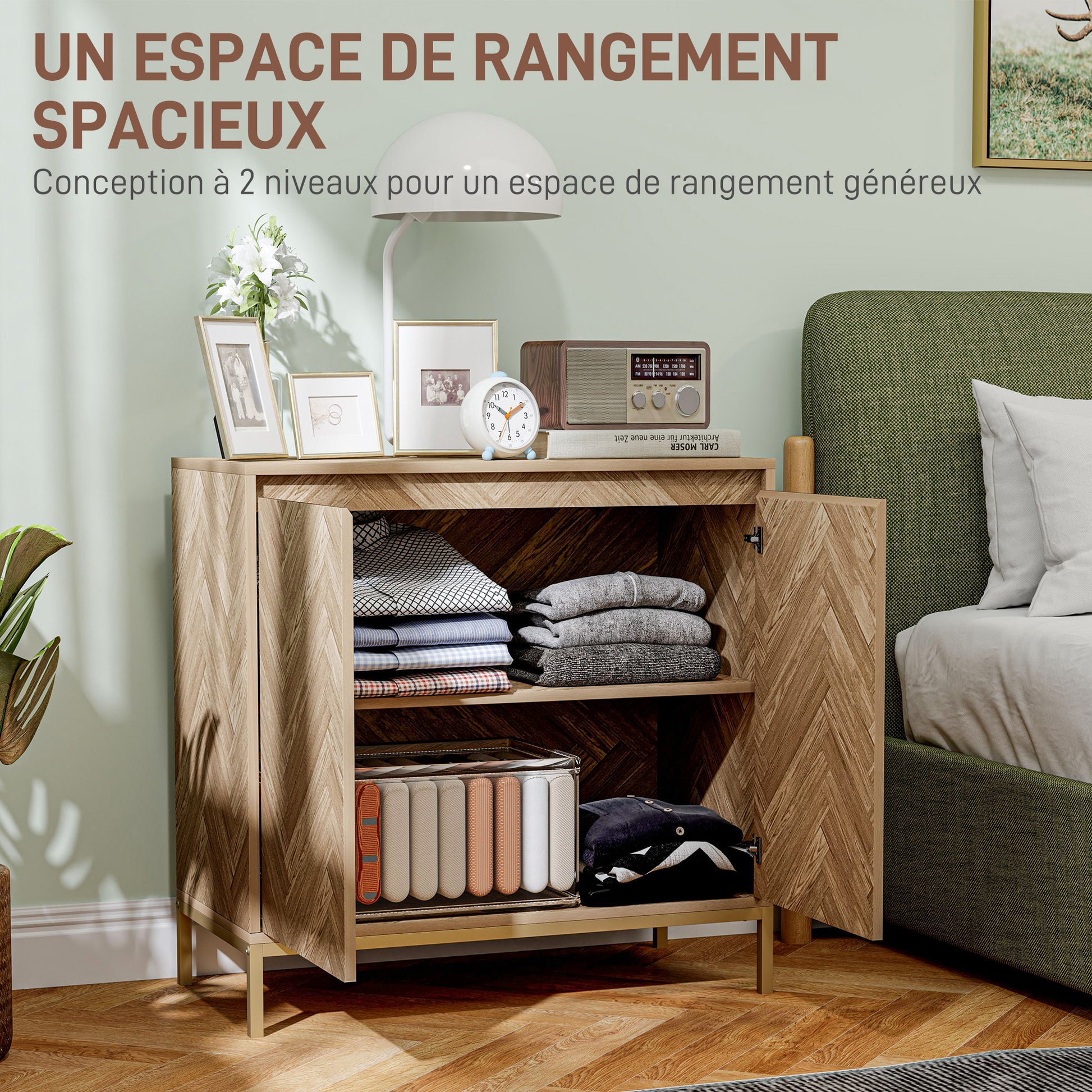 Scandinavian Style Storage Cabinet with 2 Chevron Doors, Adjustable Shelf, and Steel Legs, Storage Cabinet for Living Room, Dining Room, dim. 78 x 40 x 78 cm, Oak