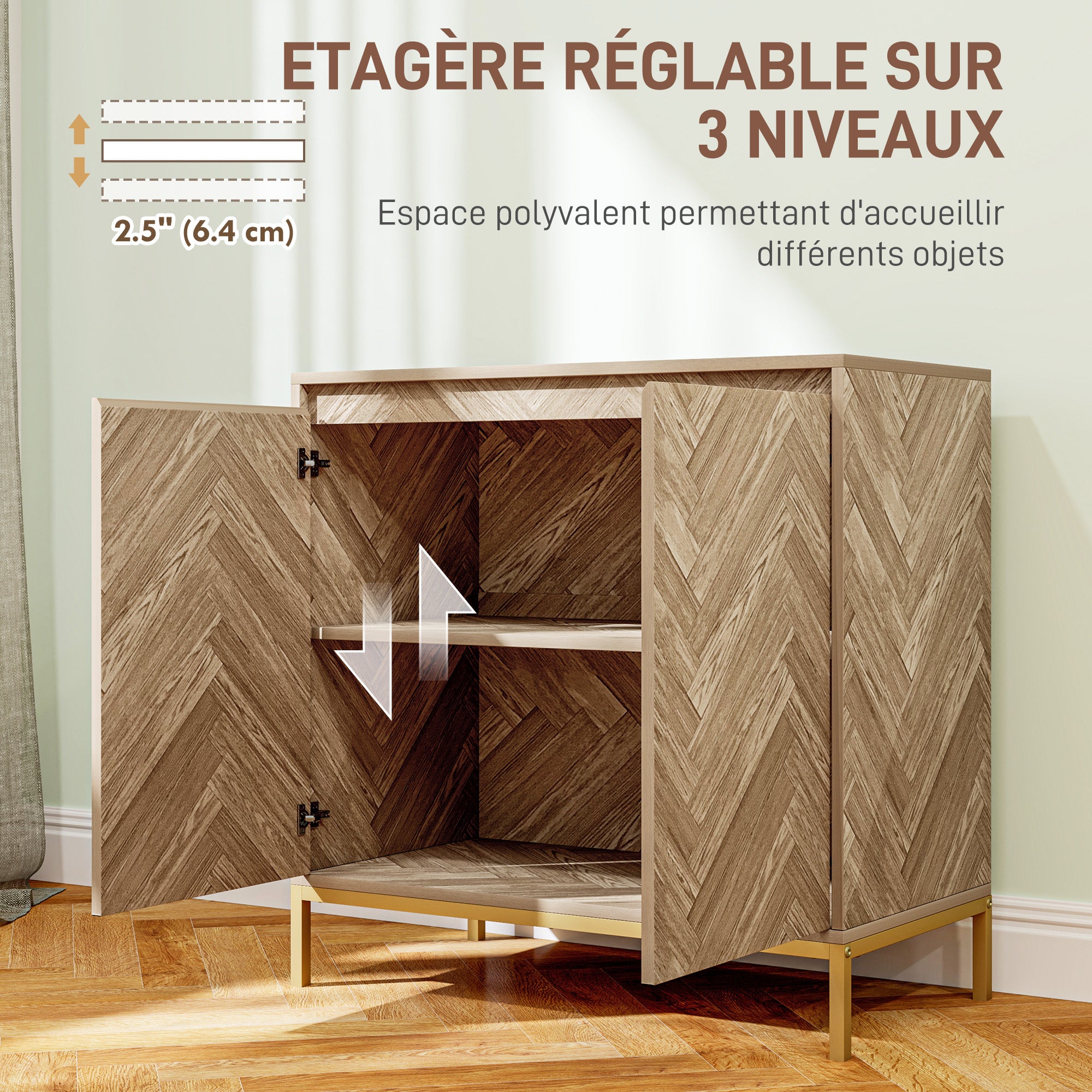 Scandinavian Style Storage Cabinet with 2 Chevron Doors, Adjustable Shelf, and Steel Legs, Storage Cabinet for Living Room, Dining Room, dim. 78 x 40 x 78 cm, Oak