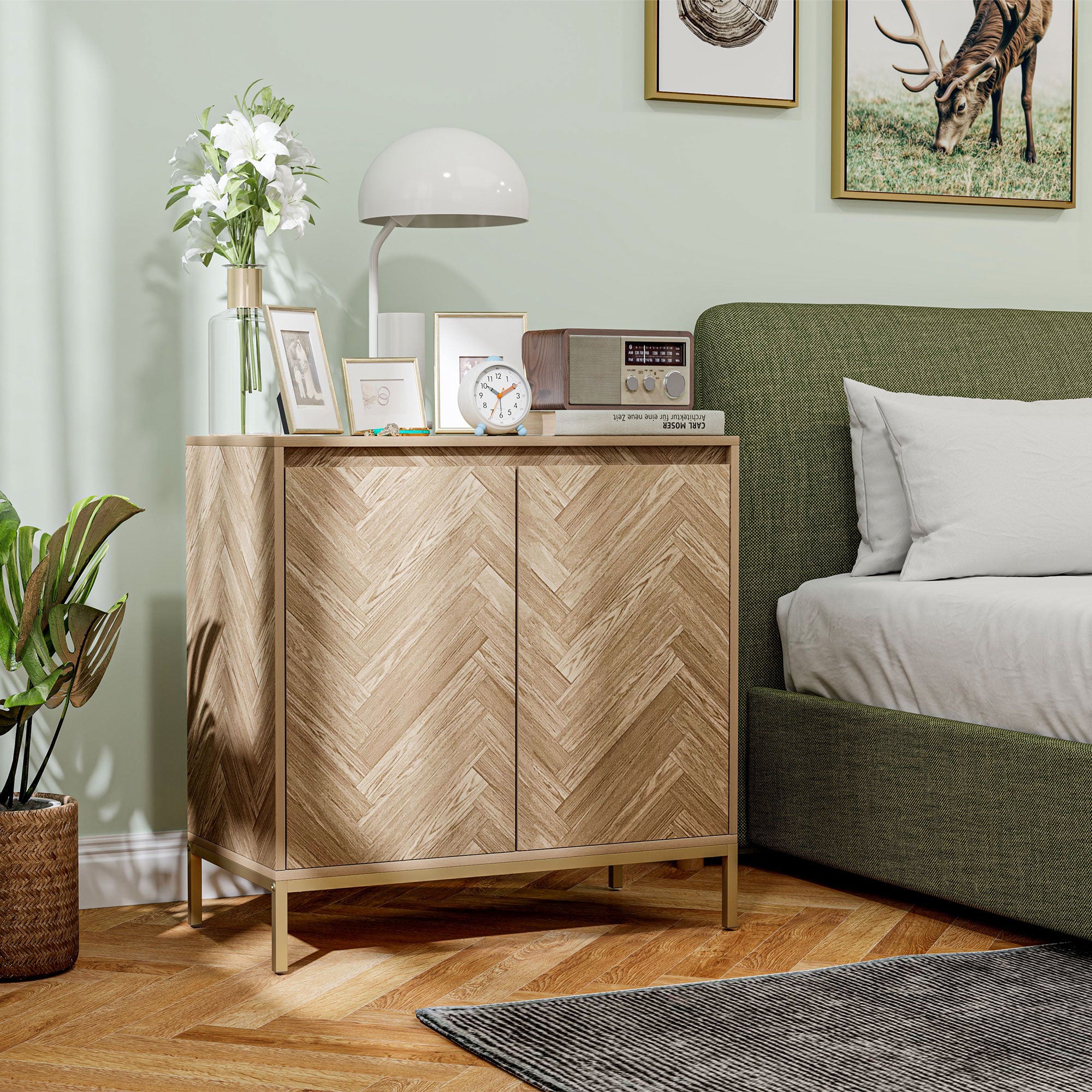Scandinavian Style Storage Cabinet with 2 Chevron Doors, Adjustable Shelf, and Steel Legs, Storage Cabinet for Living Room, Dining Room, dim. 78 x 40 x 78 cm, Oak
