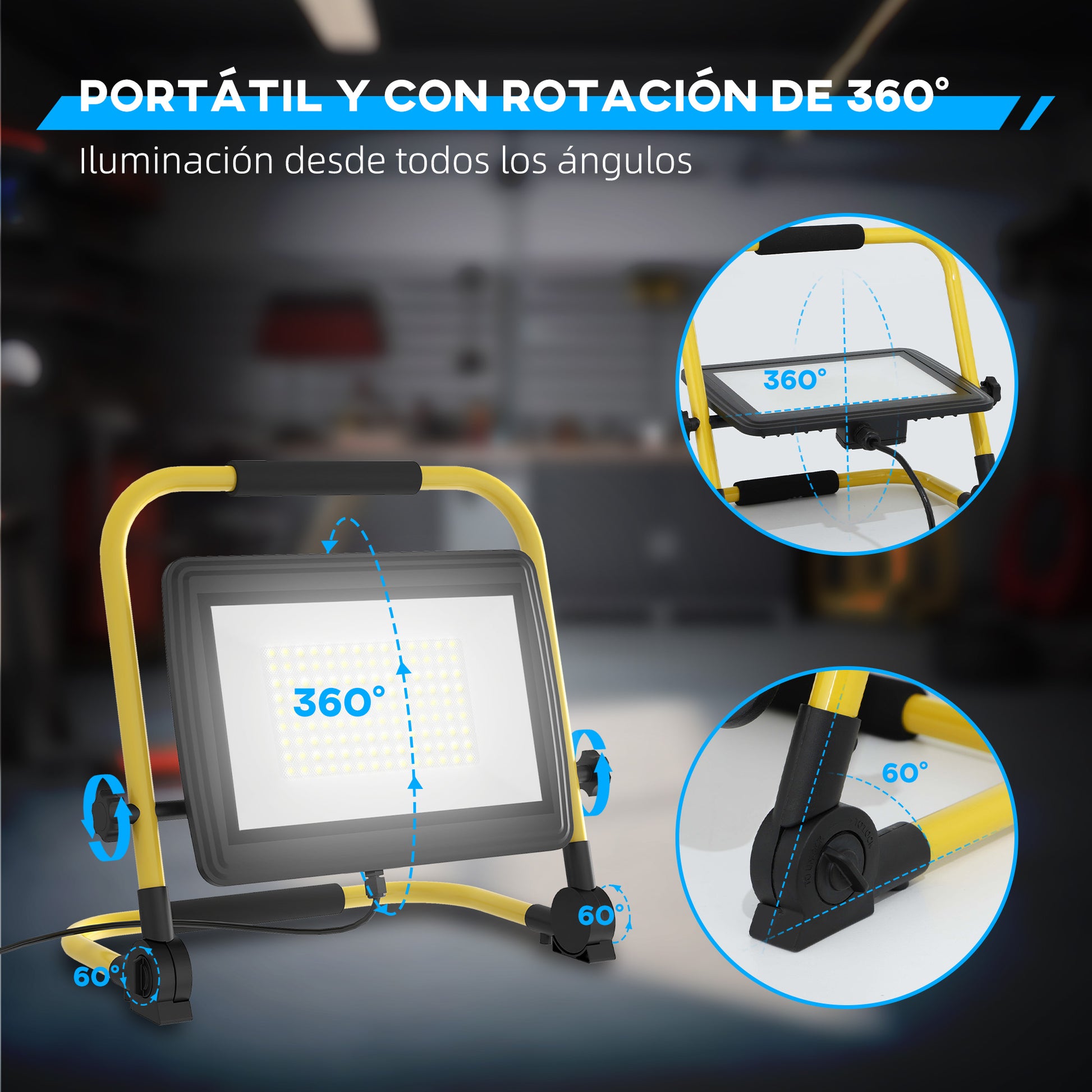 LED Floodlight with Adjustable Heads and Stand 100W 8500 Lumens IP65 6500K Weatherproof LED Work Light Portable with Handle for Indoor and Outdoor Yellow and Black