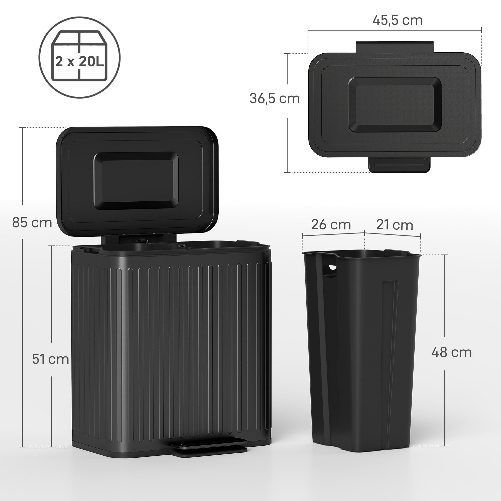 40L Dual-Compartment Step Trash Can — 2 x 20L Removable Inner Buckets, Soft-Close Lid & Hold-Open, Fingerprint-Resistant — Black