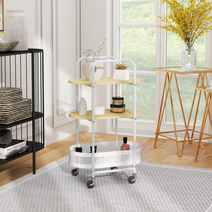 Utility Cart with Wheels 3-Tier Kitchen Cart Storage Cart with Basket and Shelves 30 kg Capacity for Dining Room Living Room Bedroom 49.5x32.5x82.5 cm White and Natural Wood