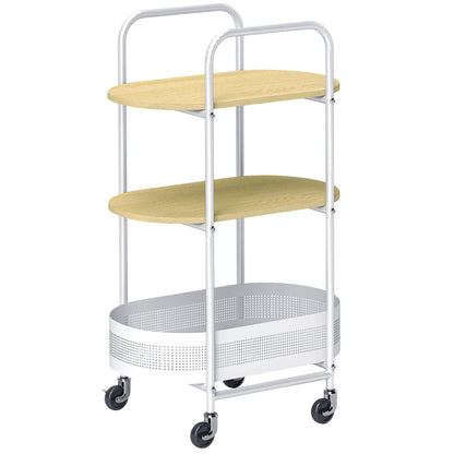 Utility Cart with Wheels 3-Tier Kitchen Cart Storage Cart with Basket and Shelves 30 kg Capacity for Dining Room Living Room Bedroom 49.5x32.5x82.5 cm White and Natural Wood