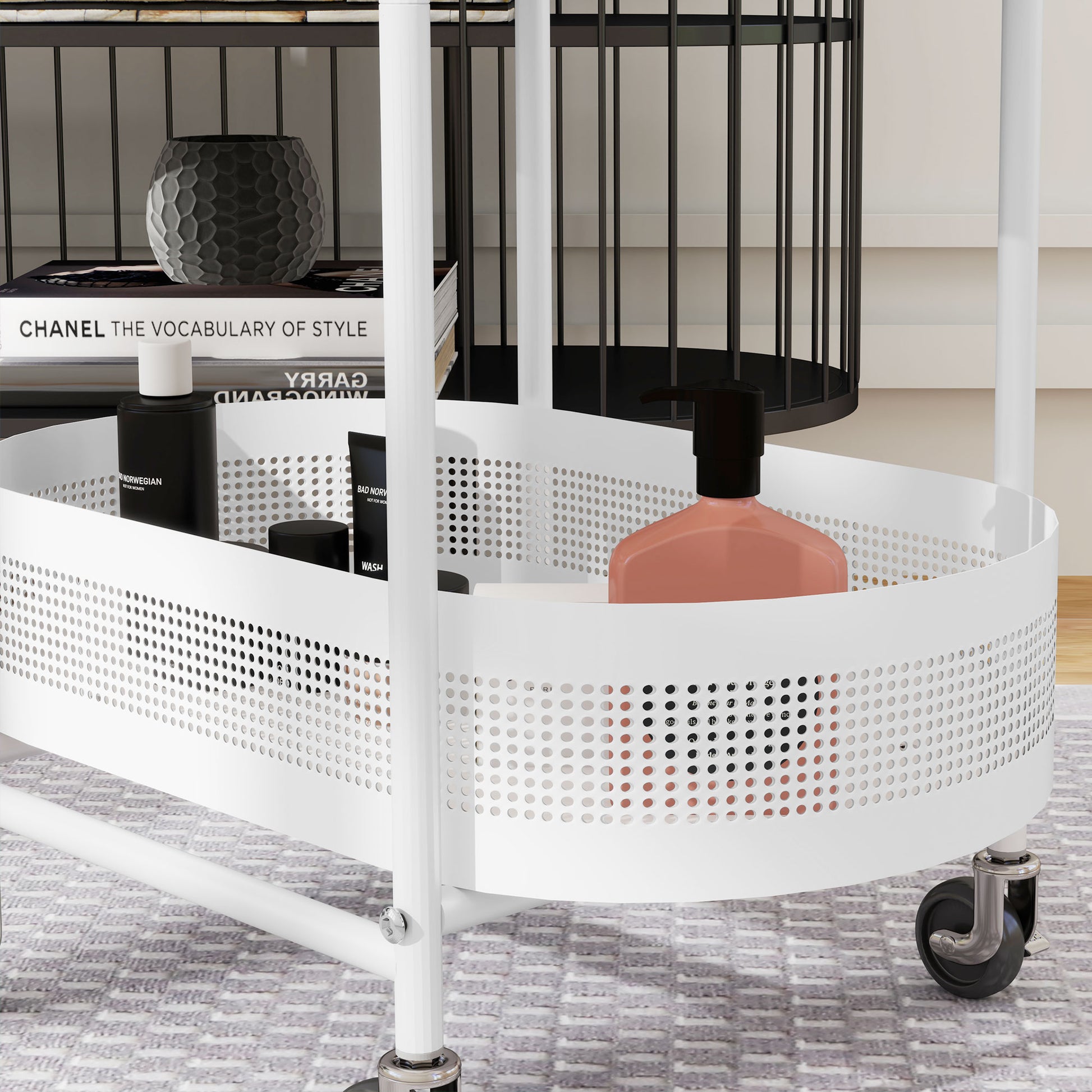Utility Cart with Wheels 3-Tier Kitchen Cart Storage Cart with Basket and Shelves 30 kg Capacity for Dining Room Living Room Bedroom 49.5x32.5x82.5 cm White and Natural Wood
