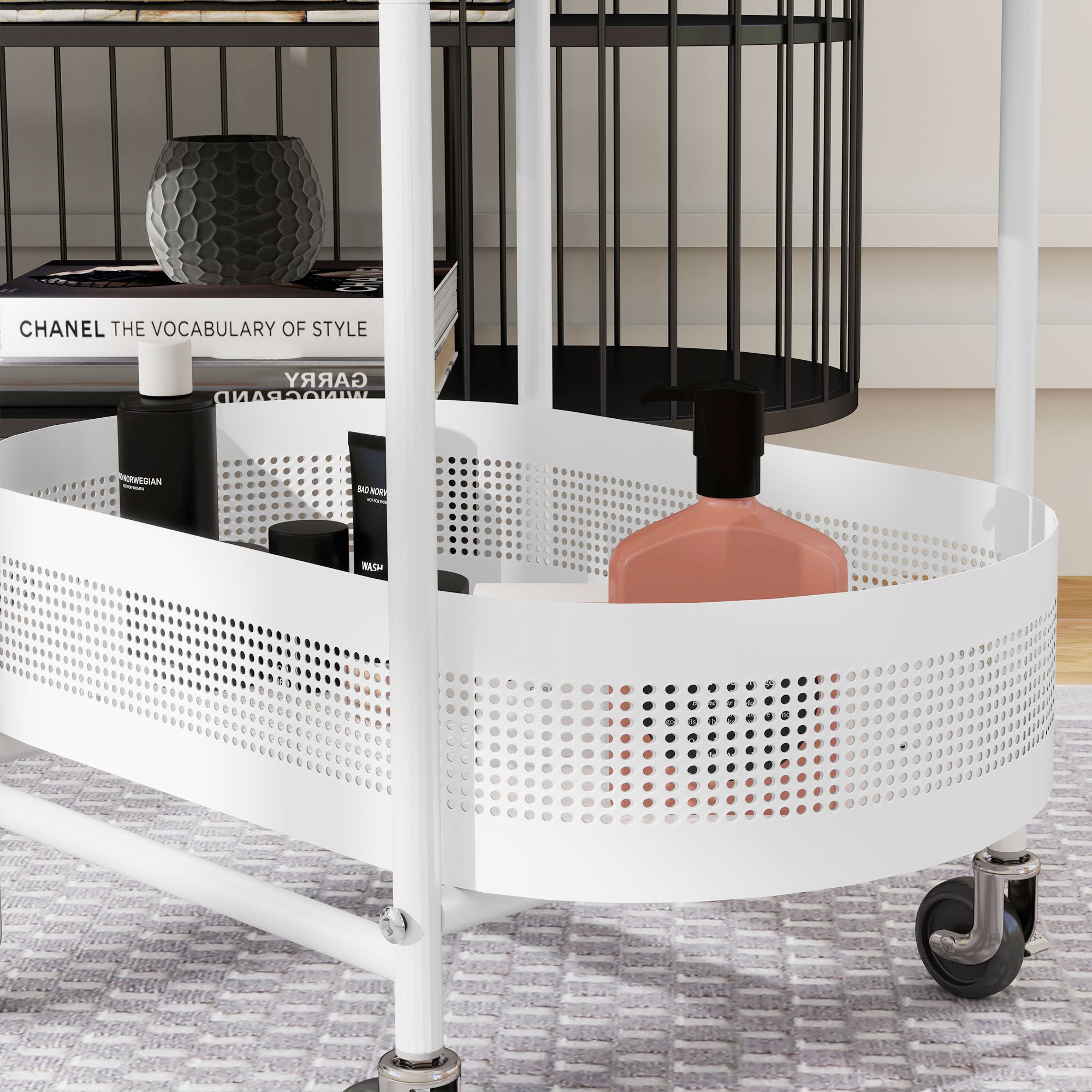 Utility Cart with Wheels 3-Tier Kitchen Cart Storage Cart with Basket and Shelves 30 kg Capacity for Dining Room Living Room Bedroom 49.5x32.5x82.5 cm White and Natural Wood
