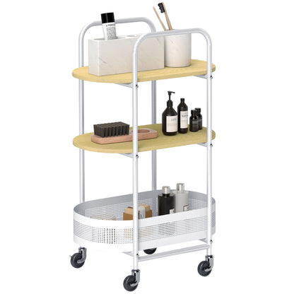 Utility Cart with Wheels 3-Tier Kitchen Cart Storage Cart with Basket and Shelves 30 kg Capacity for Dining Room Living Room Bedroom 49.5x32.5x82.5 cm White and Natural Wood