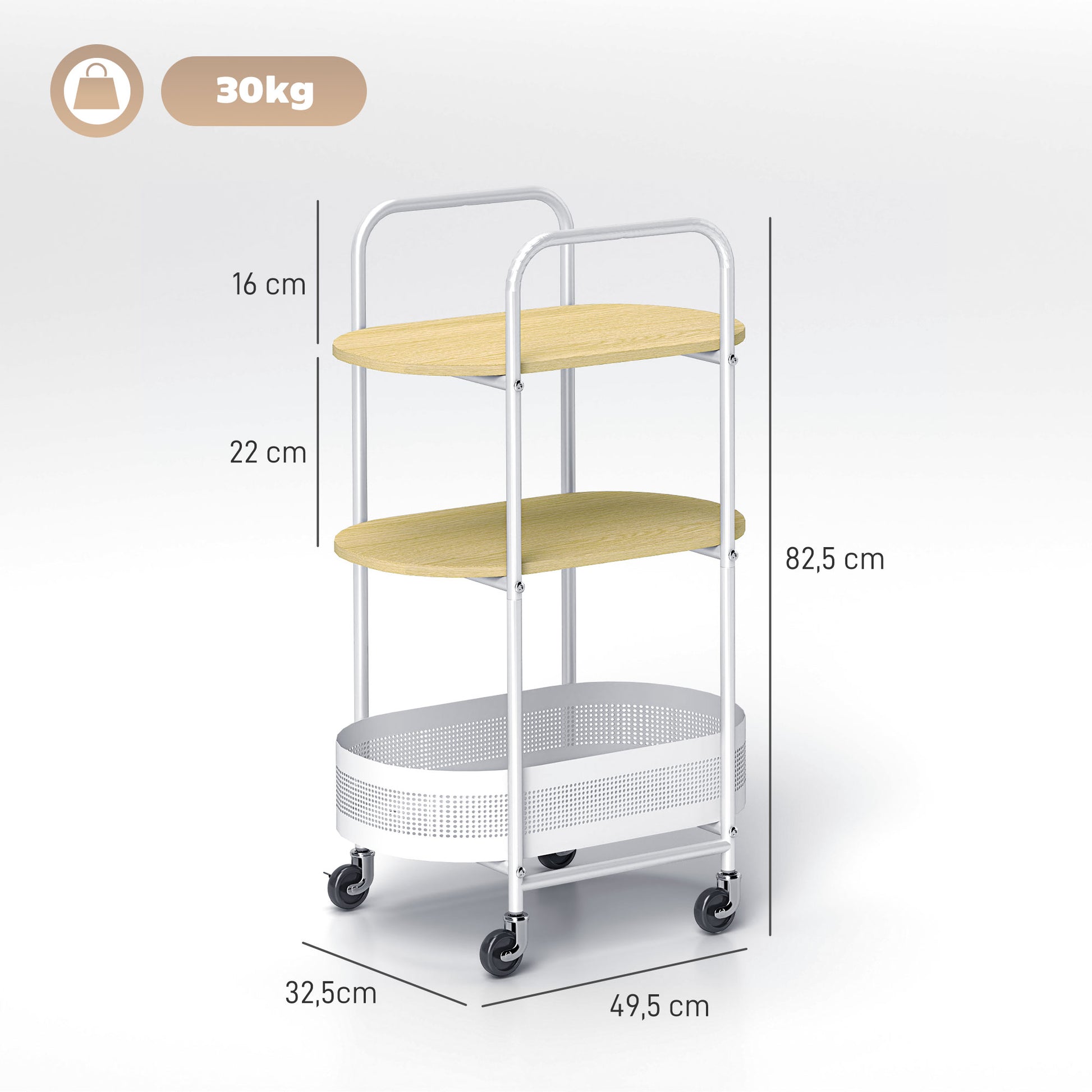 Utility Cart with Wheels 3-Tier Kitchen Cart Storage Cart with Basket and Shelves 30 kg Capacity for Dining Room Living Room Bedroom 49.5x32.5x82.5 cm White and Natural Wood