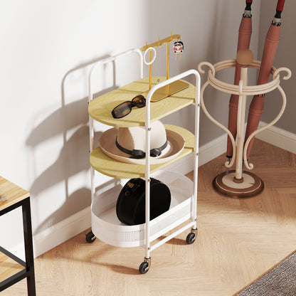 Utility Cart with Wheels 3-Tier Kitchen Cart Storage Cart with Basket and Shelves 30 kg Capacity for Dining Room Living Room Bedroom 49.5x32.5x82.5 cm White and Natural Wood