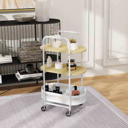 Utility Cart with Wheels 3-Tier Kitchen Cart Storage Cart with Basket and Shelves 30 kg Capacity for Dining Room Living Room Bedroom 49.5x32.5x82.5 cm White and Natural Wood