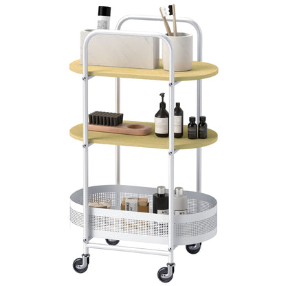 Utility Cart with Wheels 3-Tier Kitchen Cart Storage Cart with Basket and Shelves 30 kg Capacity for Dining Room Living Room Bedroom 49.5x32.5x82.5 cm White and Natural Wood