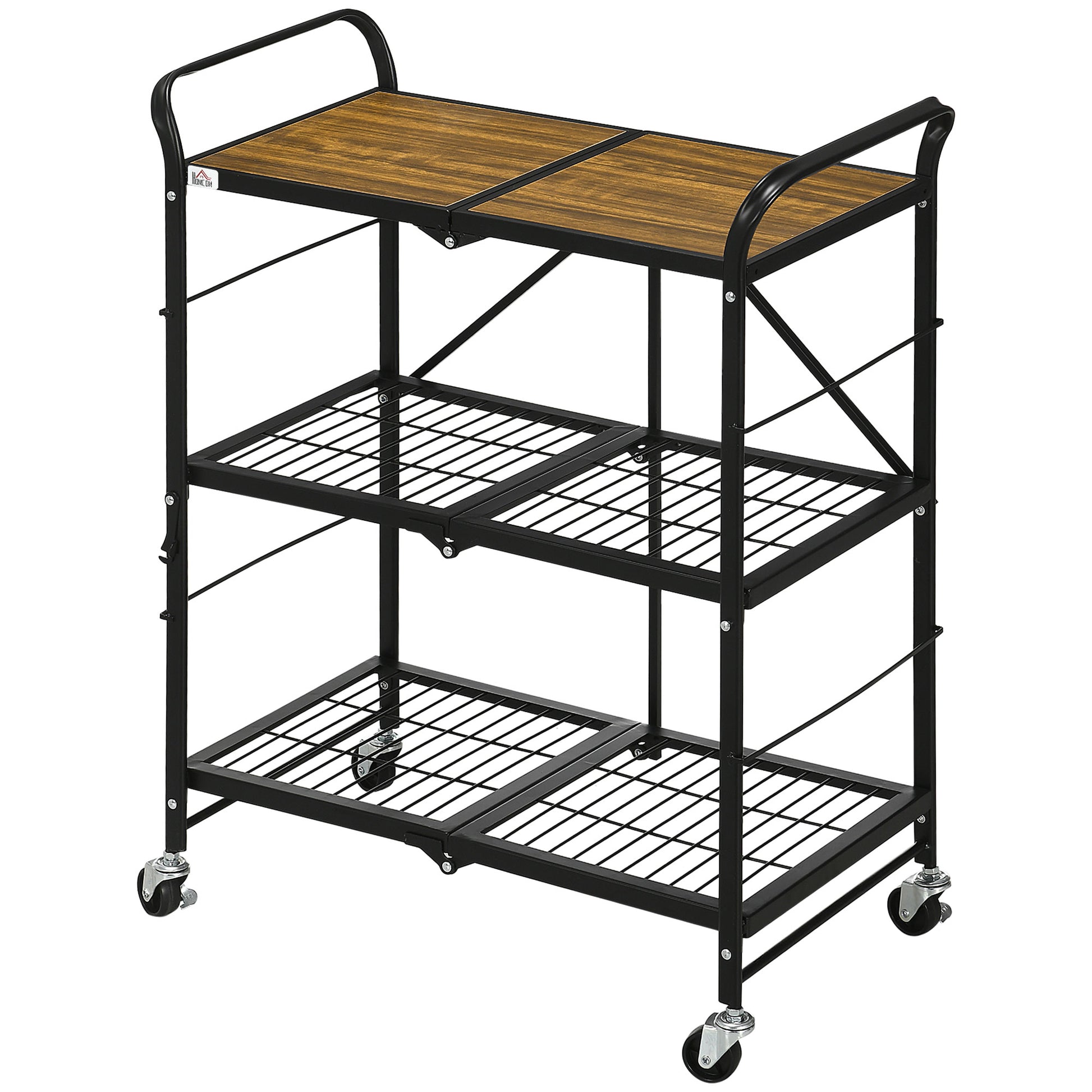 3-Tier Serving Trolley with Wheels Handle Kitchen Trolley with Brakes Foldable Kitchen Shelf Multipurpose Cart for Kitchen Office Bathroom, Brown+Black