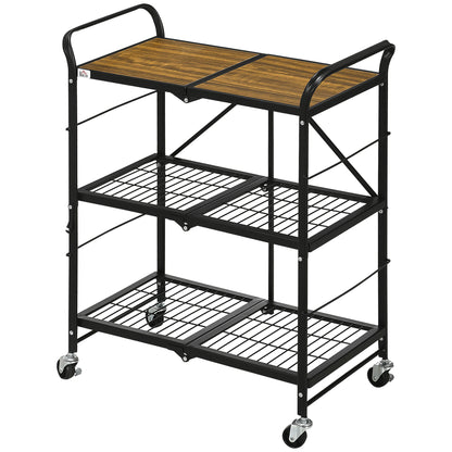 3-Tier Serving Trolley with Wheels Handle Kitchen Trolley with Brakes Foldable Kitchen Shelf Multipurpose Cart for Kitchen Office Bathroom, Brown+Black