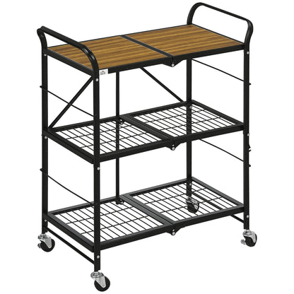 3-Tier Serving Trolley with Wheels Handle Kitchen Trolley with Brakes Foldable Kitchen Shelf Multipurpose Cart for Kitchen Office Bathroom, Brown+Black