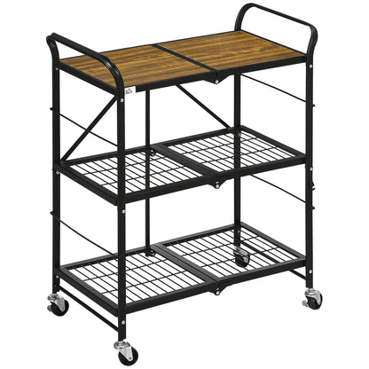 3-Tier Serving Trolley with Wheels Handle Kitchen Trolley with Brakes Foldable Kitchen Shelf Multipurpose Cart for Kitchen Office Bathroom, Brown+Black