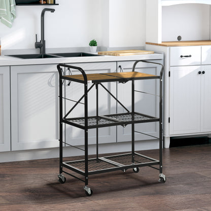 3-Tier Serving Trolley with Wheels Handle Kitchen Trolley with Brakes Foldable Kitchen Shelf Multipurpose Cart for Kitchen Office Bathroom, Brown+Black