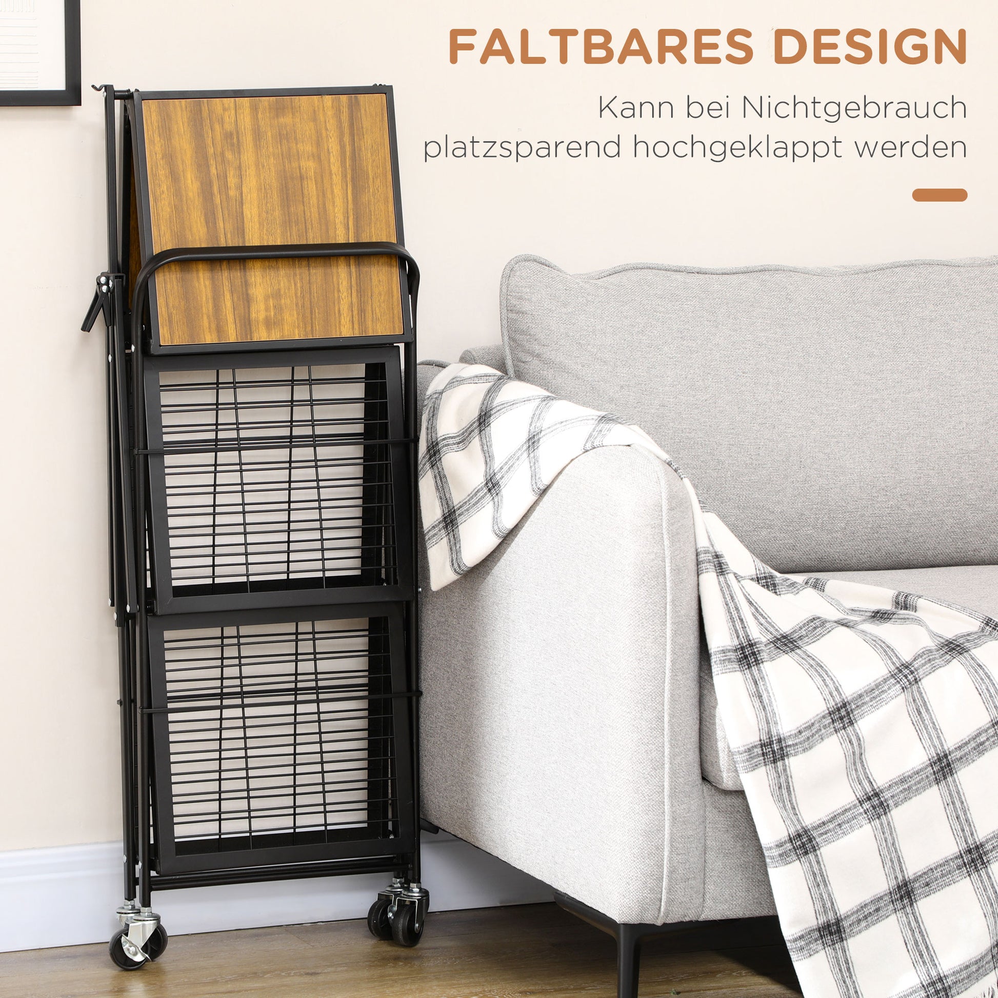 3-Tier Serving Trolley with Wheels Handle Kitchen Trolley with Brakes Foldable Kitchen Shelf Multipurpose Cart for Kitchen Office Bathroom, Brown+Black