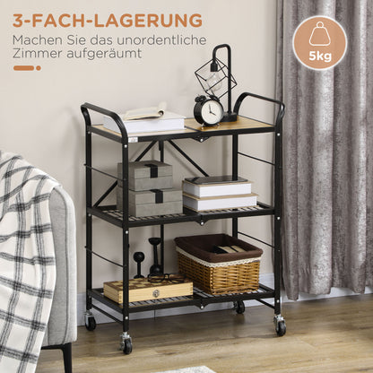 3-Tier Serving Trolley with Wheels Handle Kitchen Trolley with Brakes Foldable Kitchen Shelf Multipurpose Cart for Kitchen Office Bathroom, Brown+Black