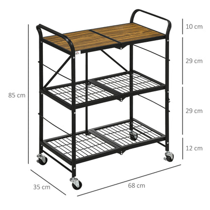 3-Tier Serving Trolley with Wheels Handle Kitchen Trolley with Brakes Foldable Kitchen Shelf Multipurpose Cart for Kitchen Office Bathroom, Brown+Black