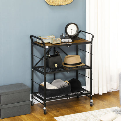 3-Tier Serving Trolley with Wheels Handle Kitchen Trolley with Brakes Foldable Kitchen Shelf Multipurpose Cart for Kitchen Office Bathroom, Brown+Black