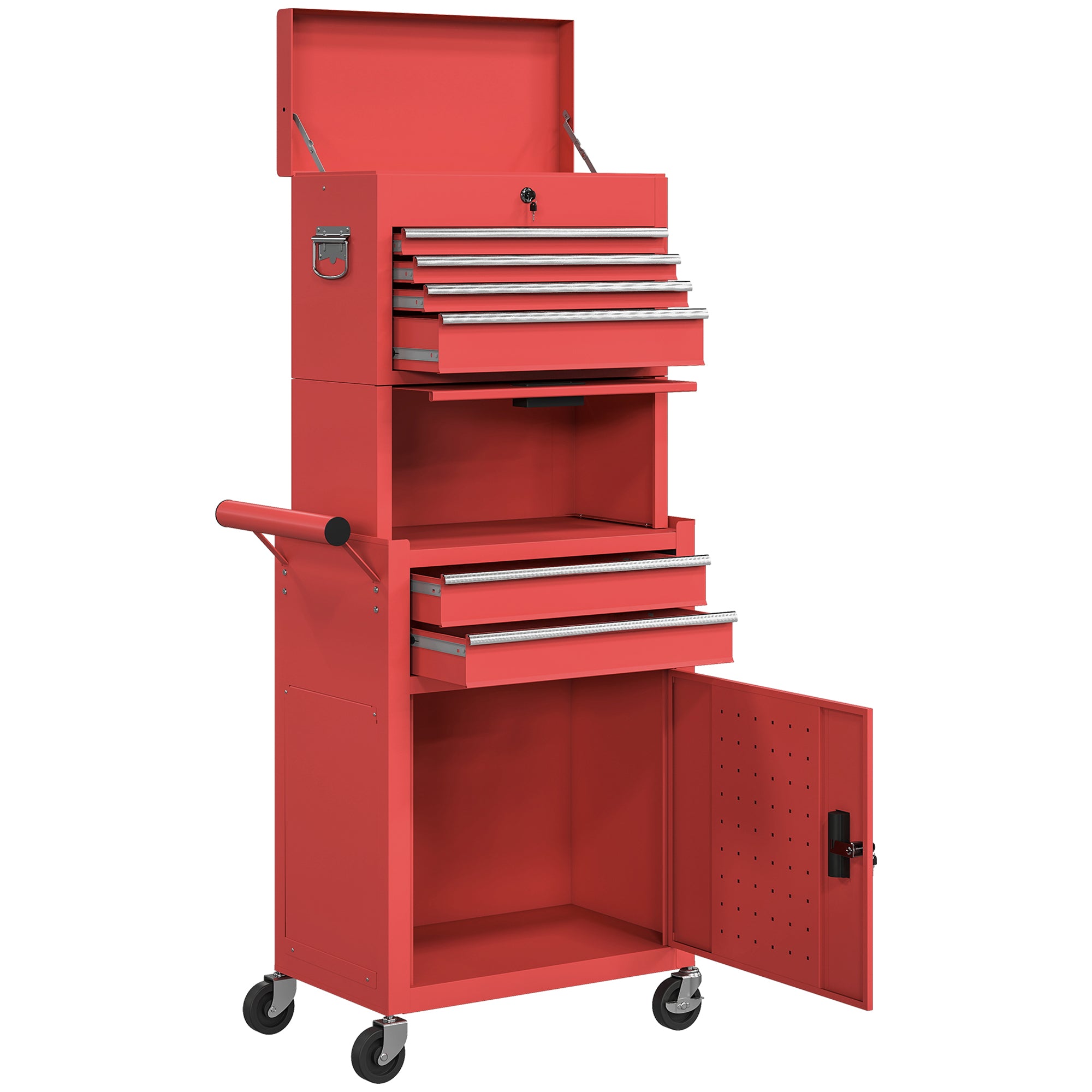 Workshop Trolley with Toolbox, 6 Drawers & Pegboard, Lockable, Empty Tool Cart with Handle, Steel Cabinet on Wheels, Red