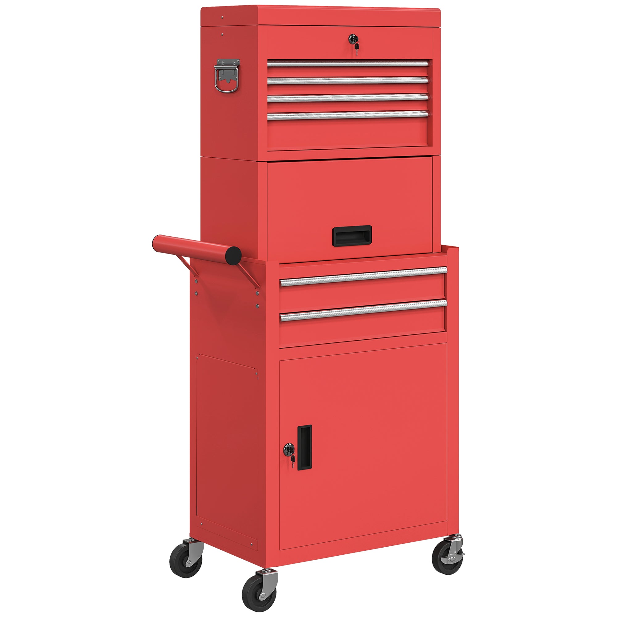 Workshop Trolley with Toolbox, 6 Drawers & Pegboard, Lockable, Empty Tool Cart with Handle, Steel Cabinet on Wheels, Red