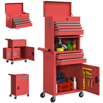 Workshop Trolley with Toolbox, 6 Drawers & Pegboard, Lockable, Empty Tool Cart with Handle, Steel Cabinet on Wheels, Red