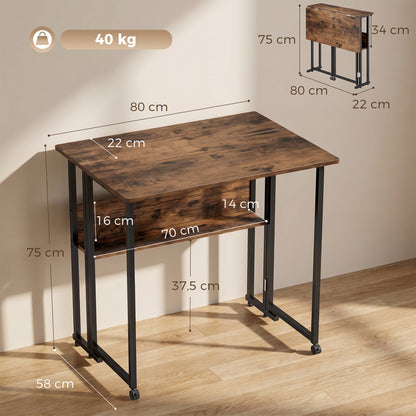 Folding Desk with Shelf, 31.5 in Computer Table for Small Spaces — Industrial Folding Desk on Wheels, Easy Assembly, Rustic Brown